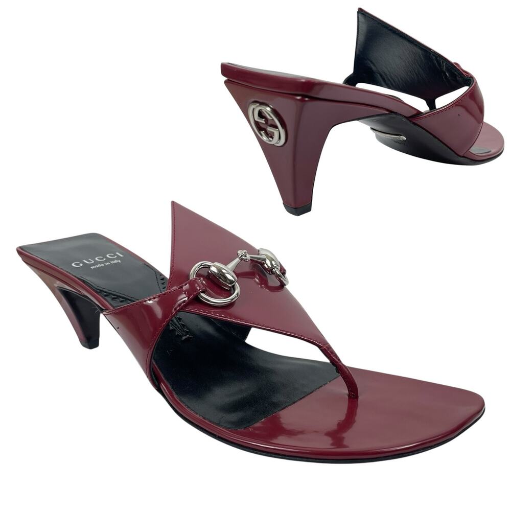 Gucci Mariame Horsebit Leather Thong Sandals Kitten Heel Red Size 36.5 - Picture 3 of 13